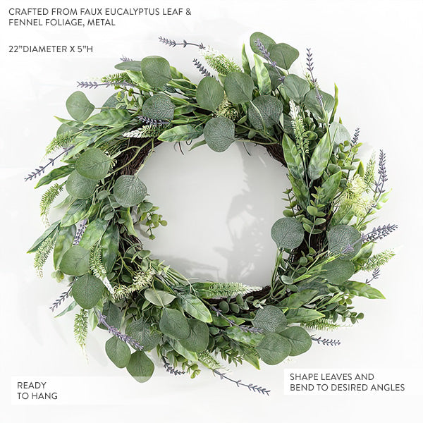 22 Inch Eucalyptus and Fennel Faux Wreath