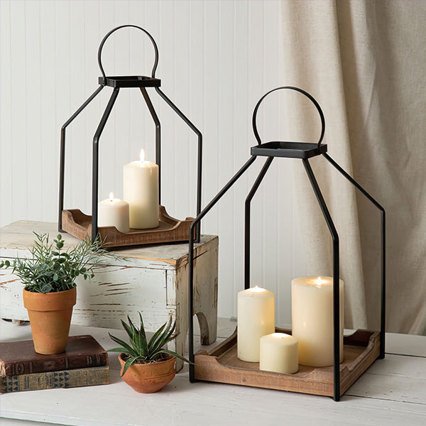 Metal and Wood Lanterns, Set of Two