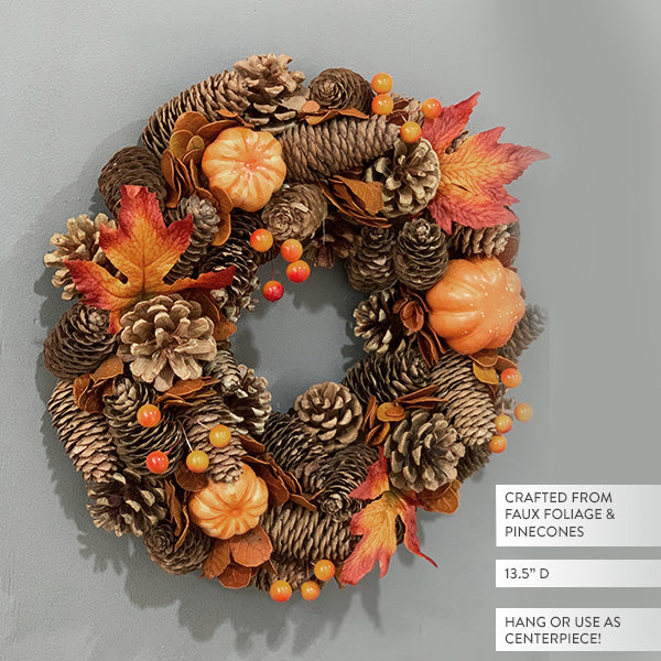 13 Inch Foliage and Pinecone Fall Wreath