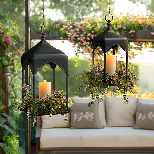 Distressed Black Iron Hanging Lanterns, Set of 2