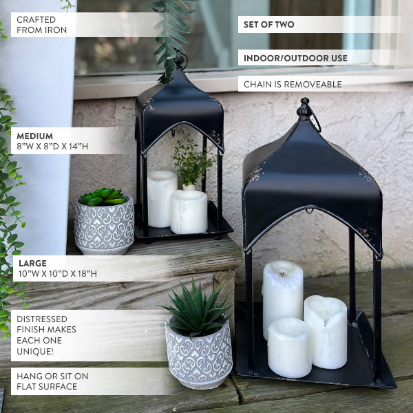 Distressed Black Iron Hanging Lanterns, Set of 2