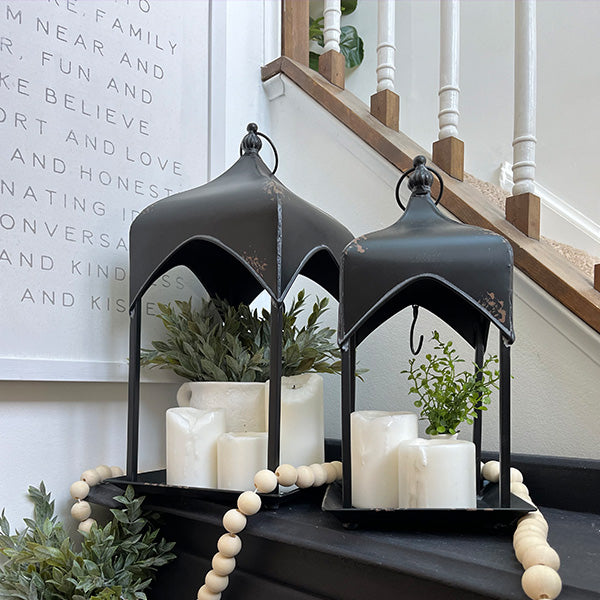 Distressed Black Iron Hanging Lanterns, Set of 2