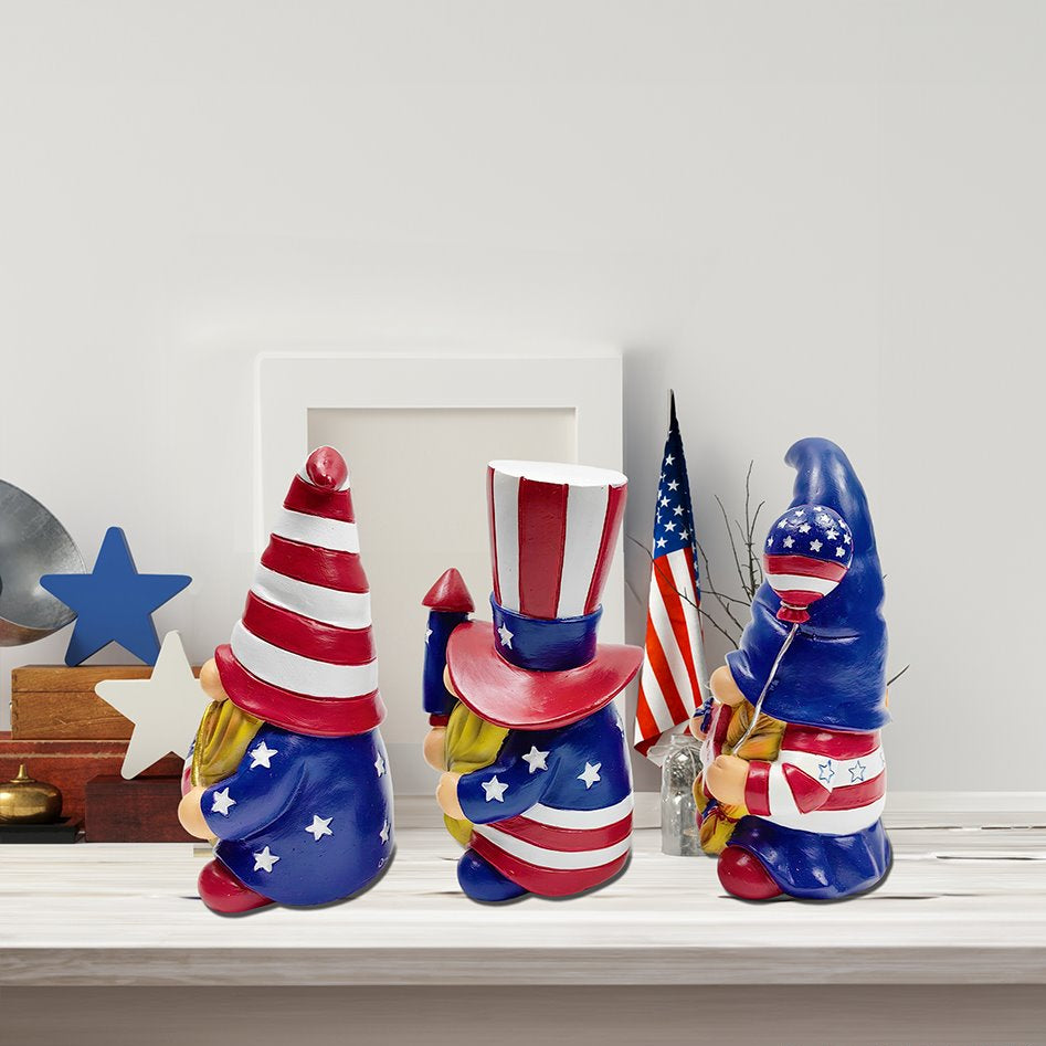 Patriotic Gnome Trio Figurines, 6" Set of Three Garden Statues and July 4th Decoration