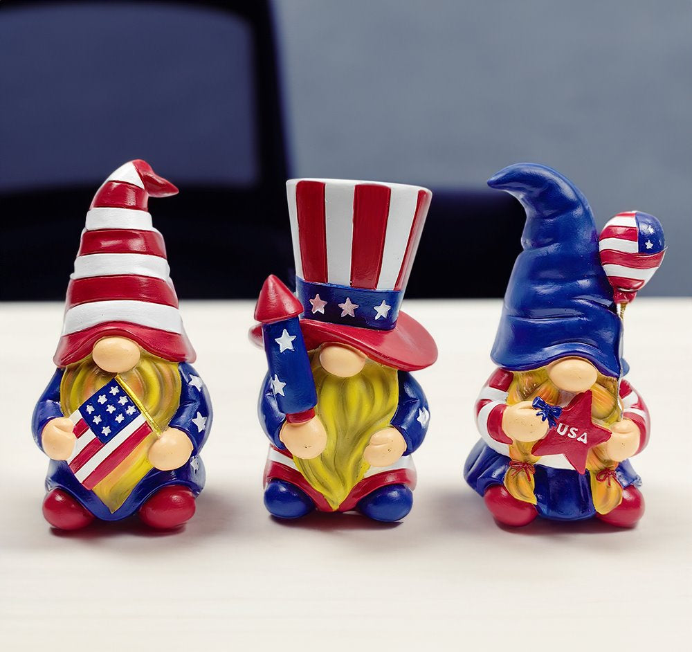 Patriotic Gnome Trio Figurines, 6" Set of Three Garden Statues and July 4th Decoration