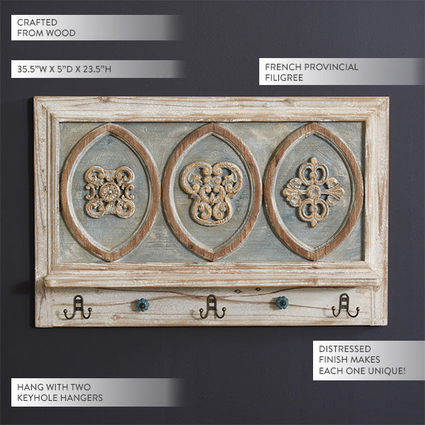 French Provincial Wooden Shelf with Hooks