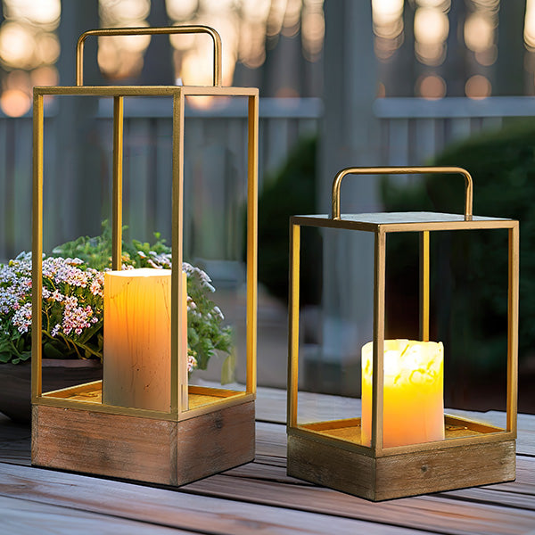 Geometric Metal and Wooden Lanterns, Set of 2