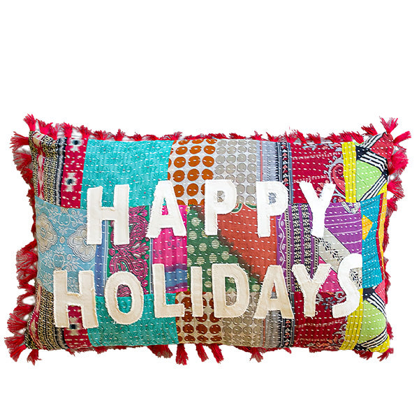 Happy Holidays Kantha Pillow