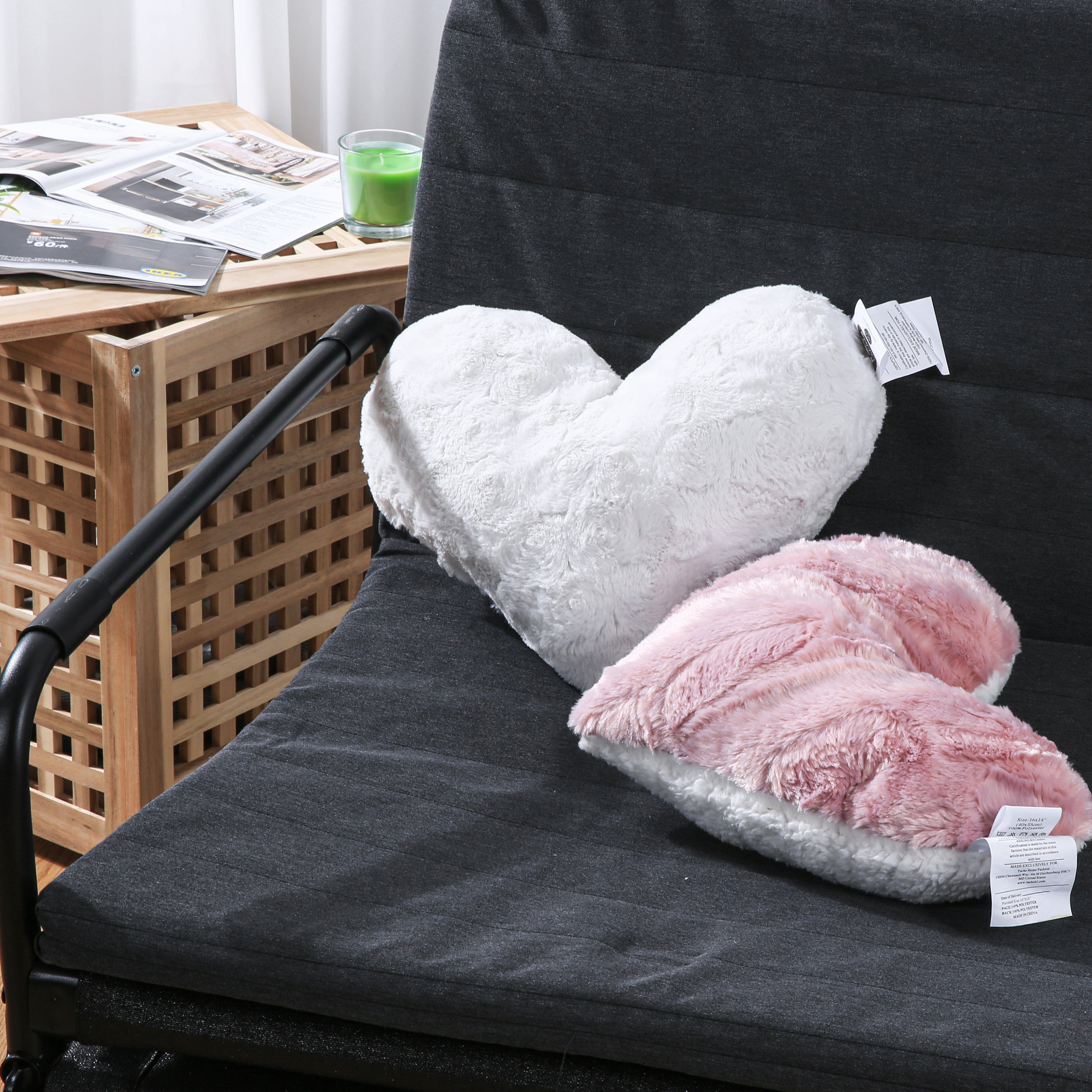 Handmade Faux Fur Pink White Heart Shape Throw Pillow