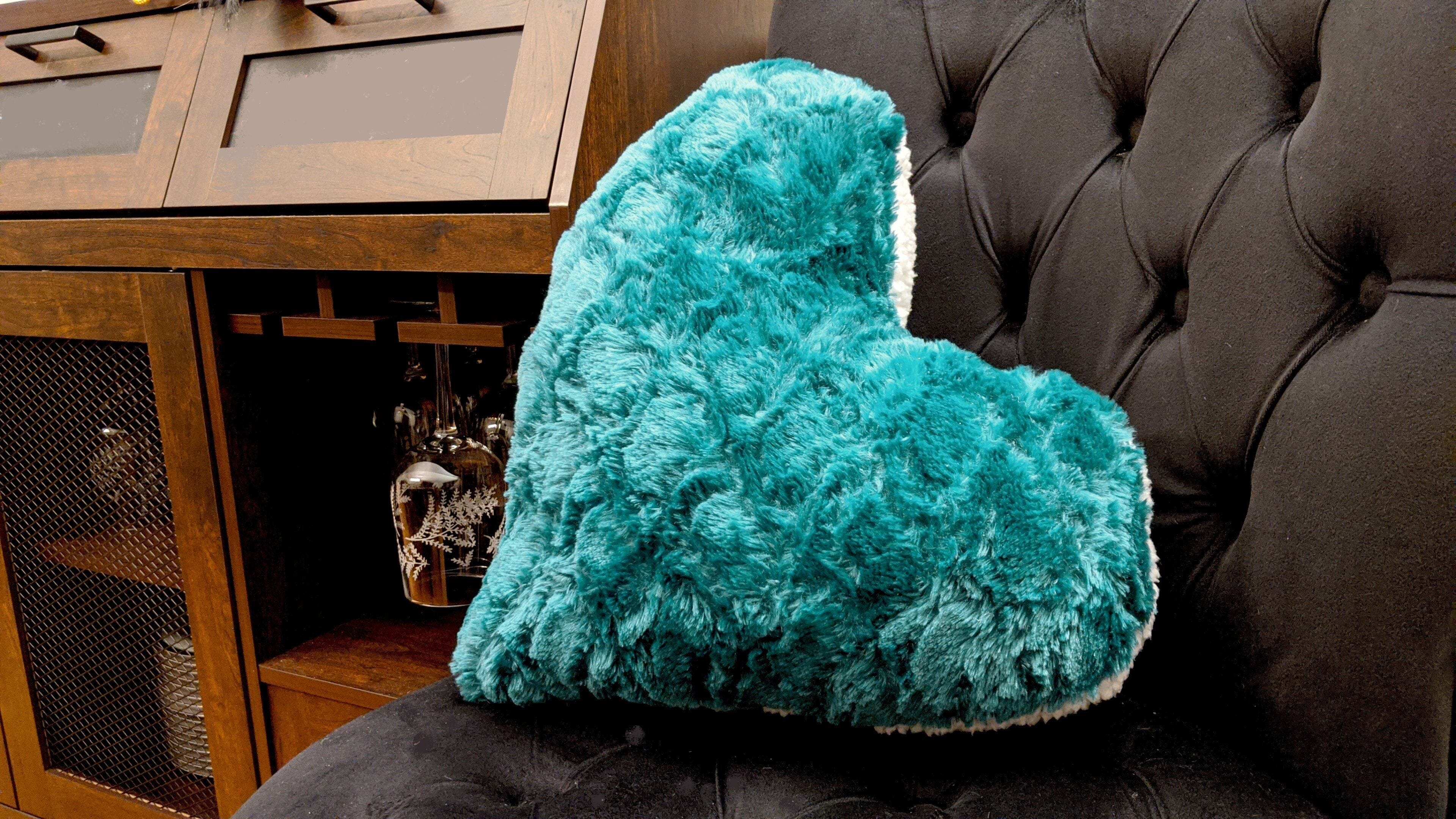 Hand-Made Lucky Irish Teal Green Faux Fur Heart Shaped Throw Pillow - 16” x 14”
