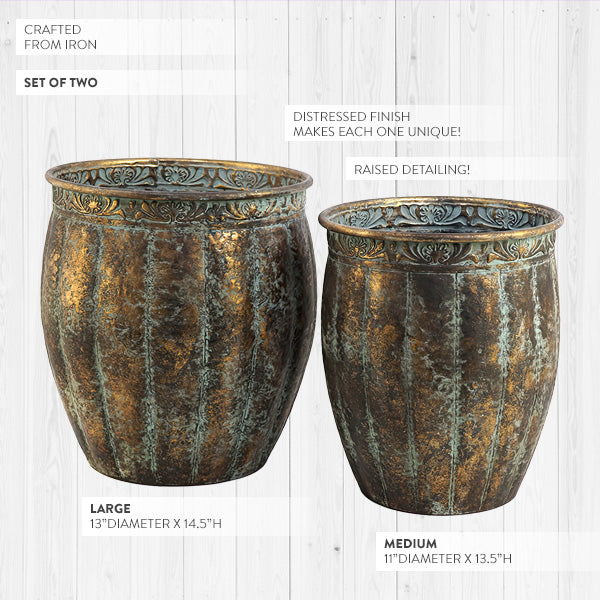 Large Flower Planters with Aged Patina, Set of 2