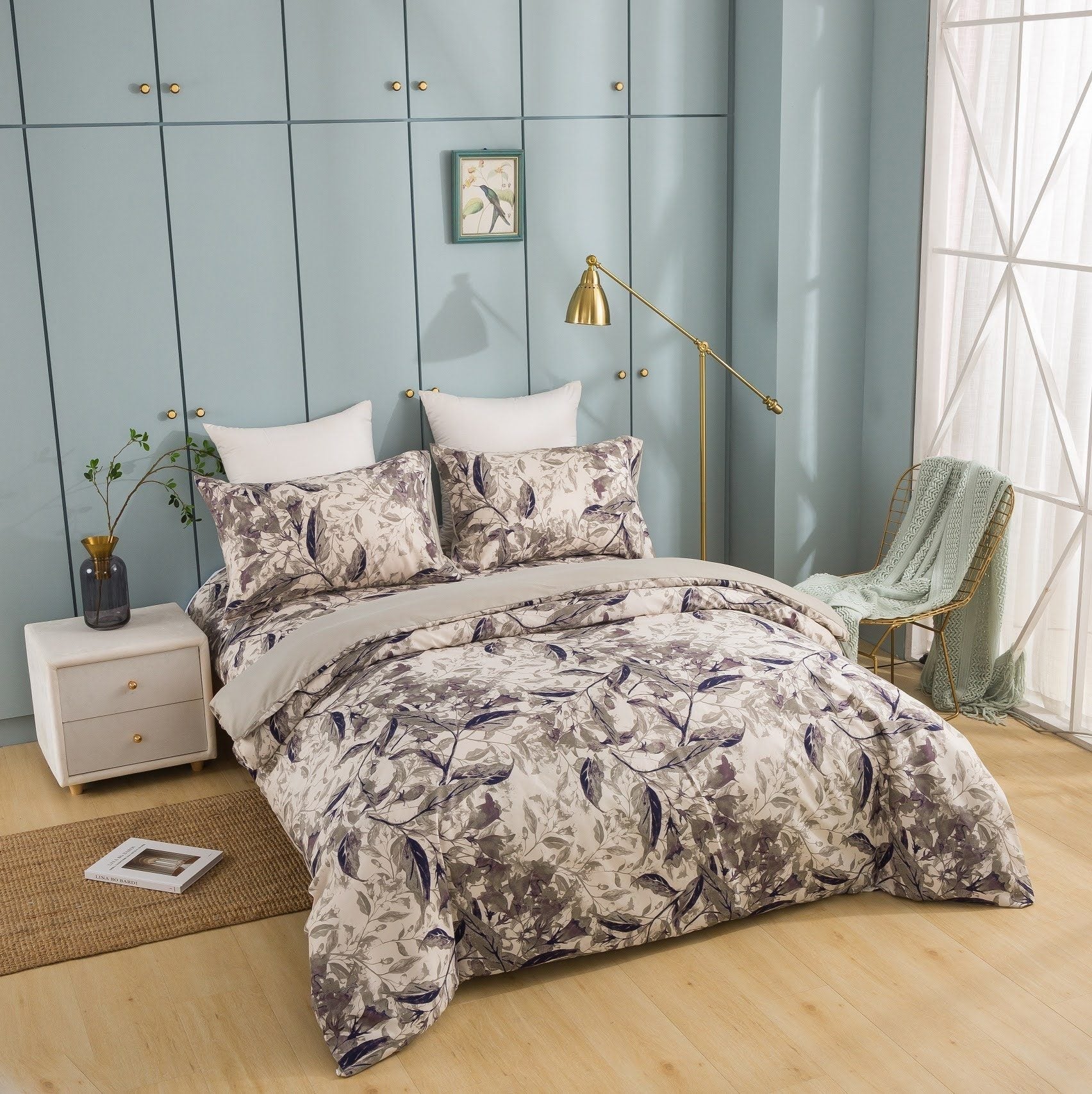 Microfiber Abstract Wispy Leaf Taupe Grey Duvet Cover