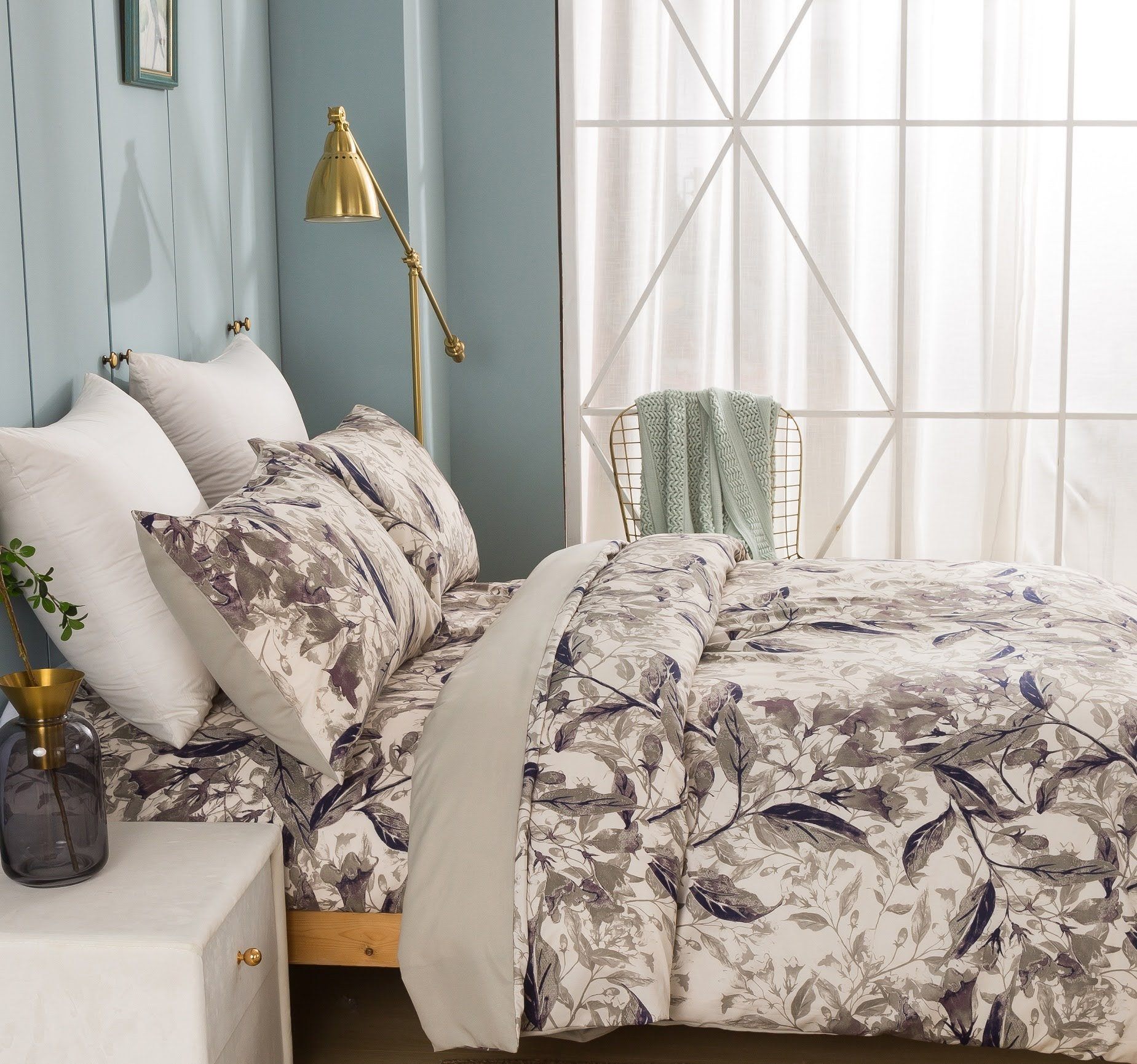 Microfiber Abstract Wispy Leaf Taupe Grey Duvet Cover