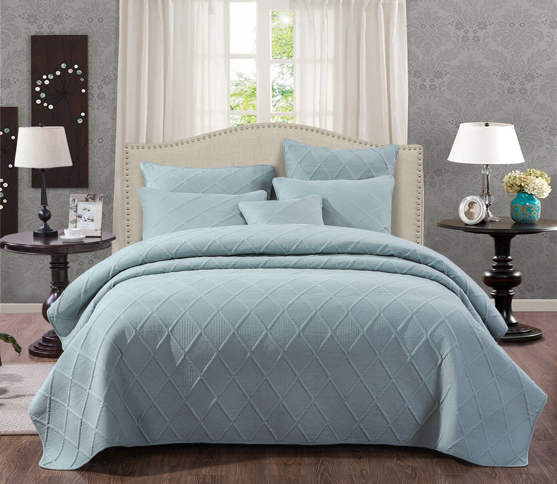 Soothing Pastel Seafoam Blue Diamond Stitch Cotton Quilt Set