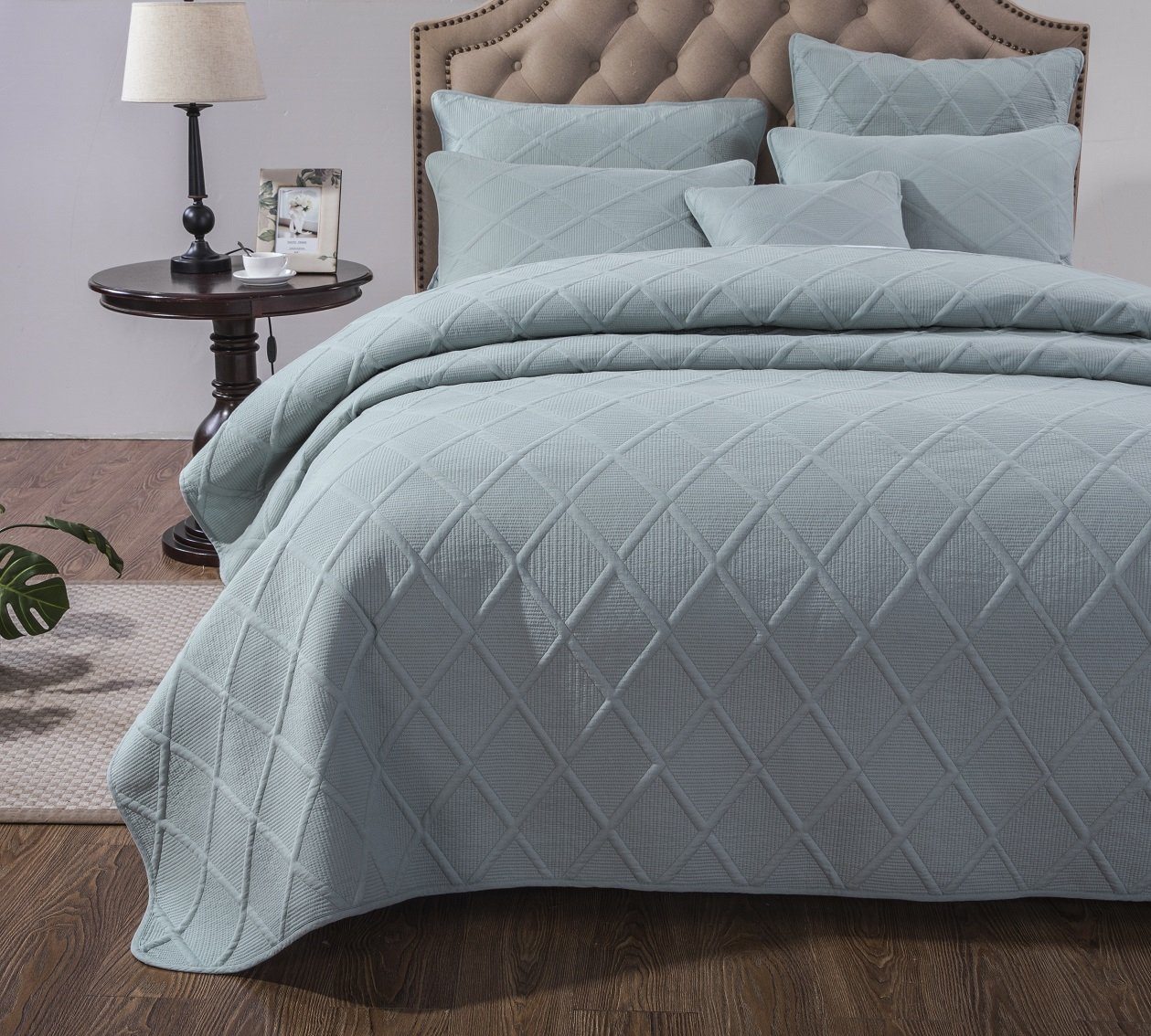 Soothing Pastel Seafoam Blue Diamond Stitch Cotton Quilt Set