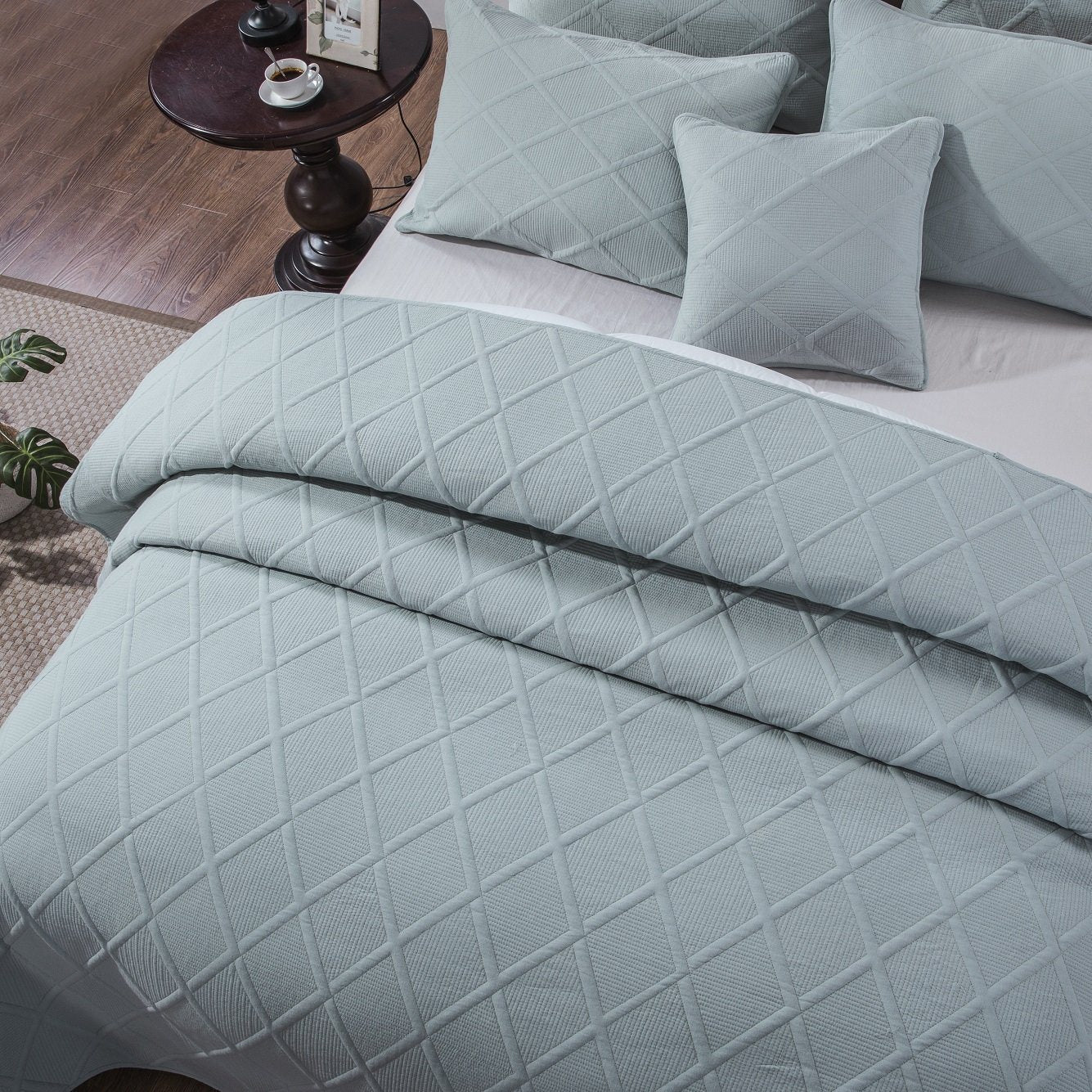 Soothing Pastel Seafoam Blue Diamond Stitch Cotton Quilt Set
