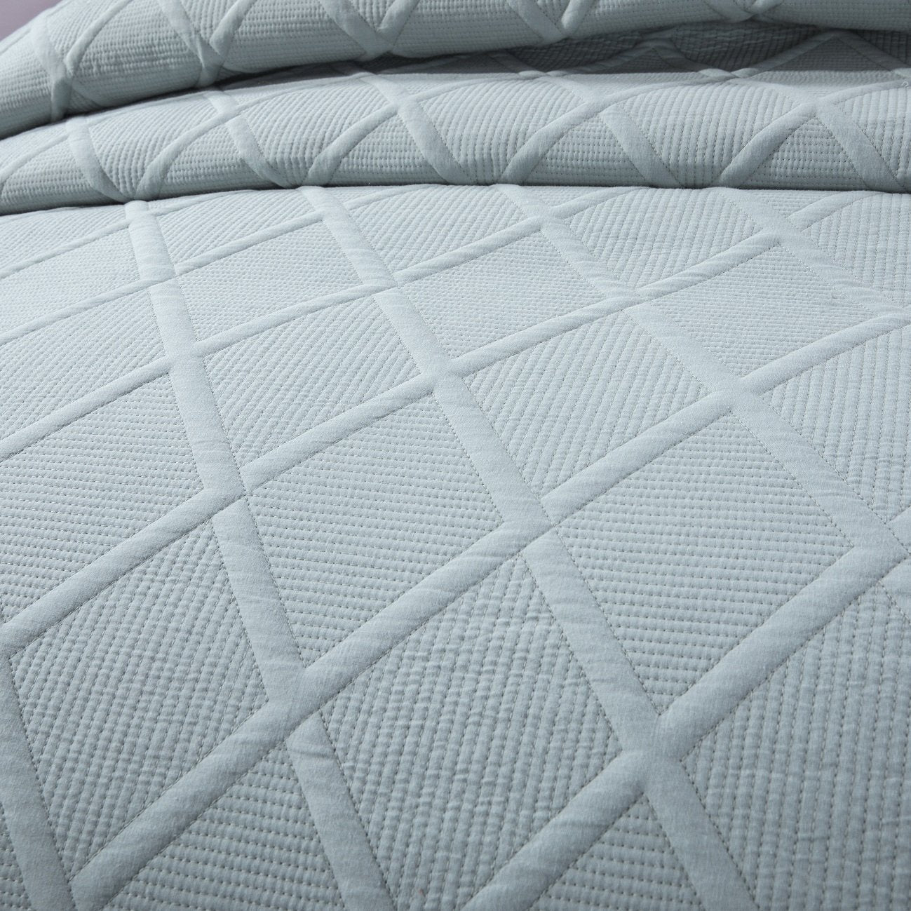 Soothing Pastel Seafoam Blue Diamond Stitch Cotton Quilt Set