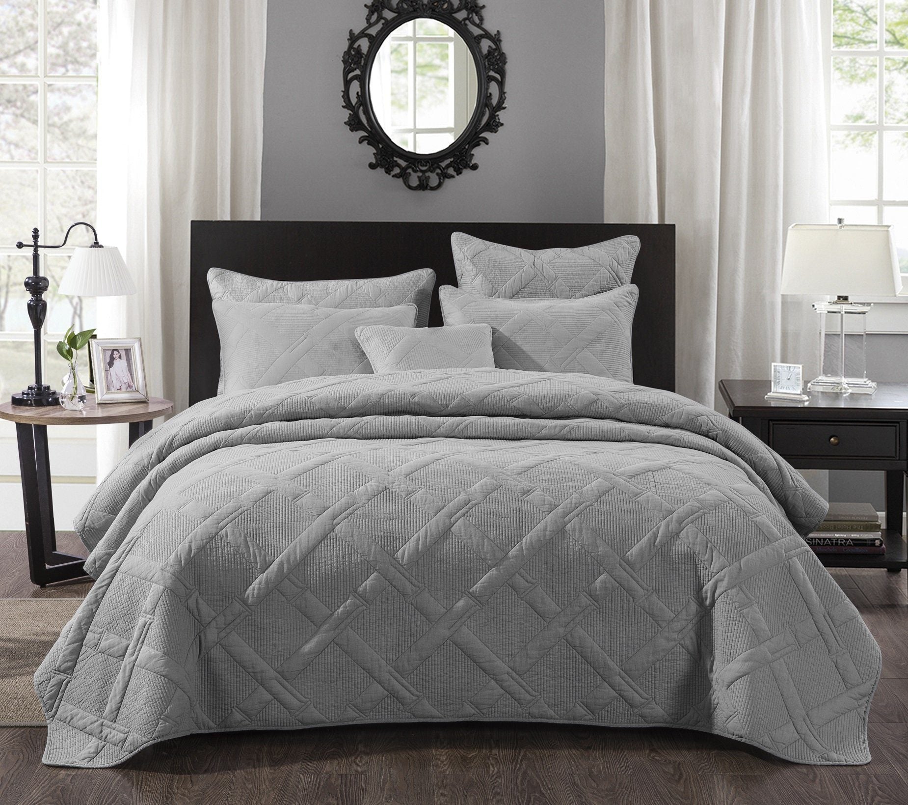 Soothing Pastel Silver Diamond Stitch Light Gray Cotton Quilt Set