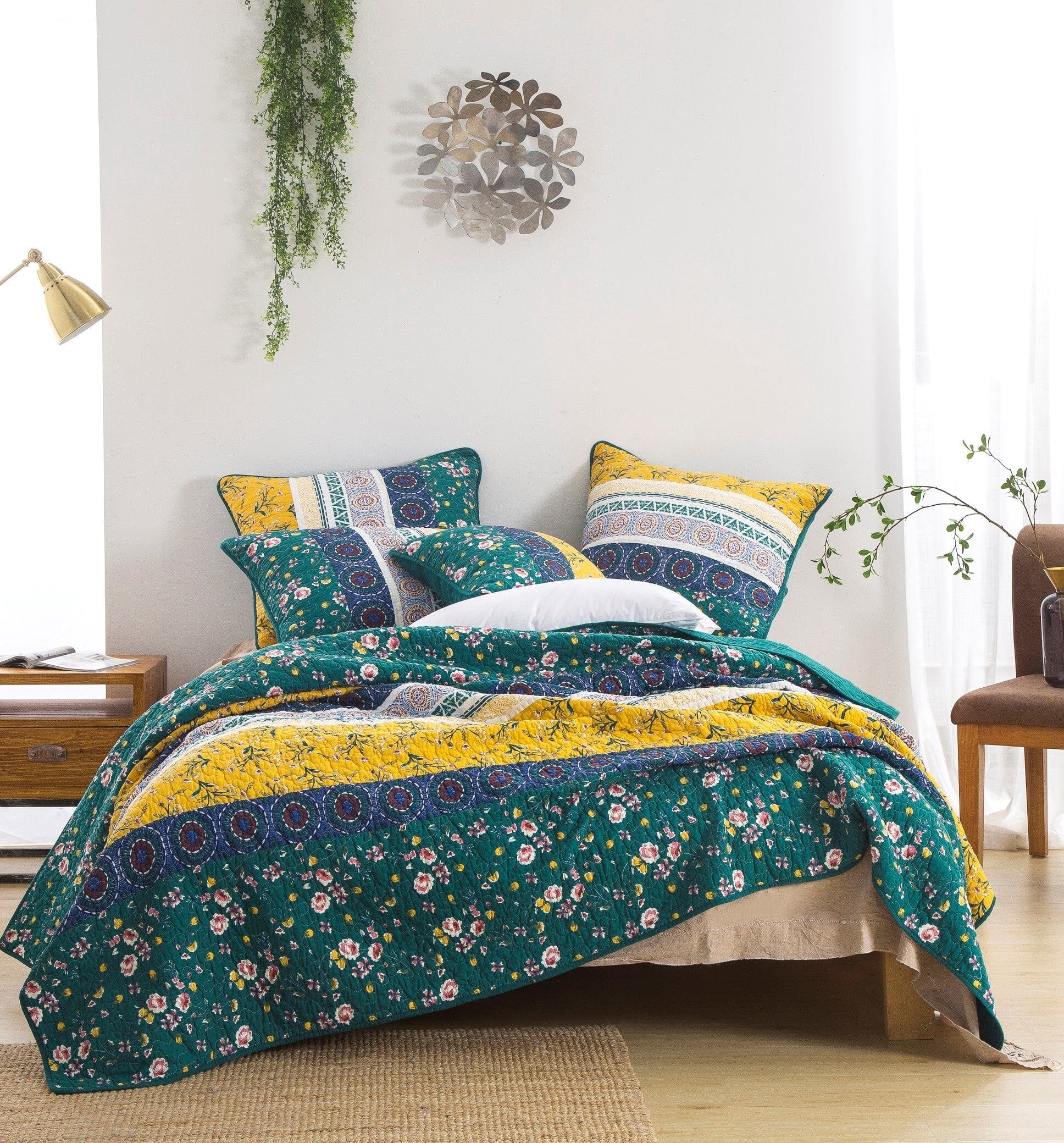 Bedding Bohemian Patchwork Bed of Wild Flowers Floral Gardenia Green Bedspread Set