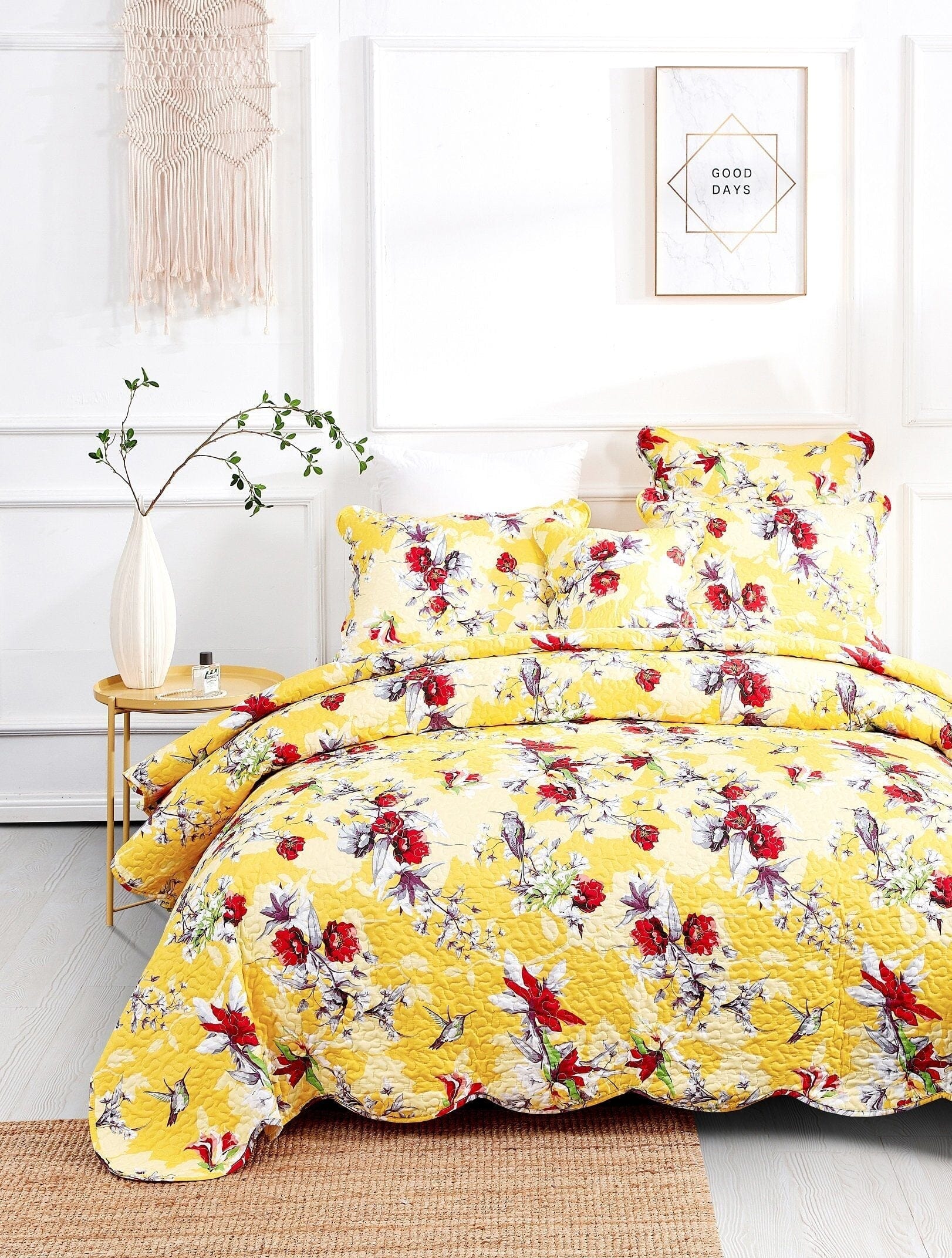 Radiant Sunshine Yellow Hummingbirds Floral Scalloped Bedspread Set