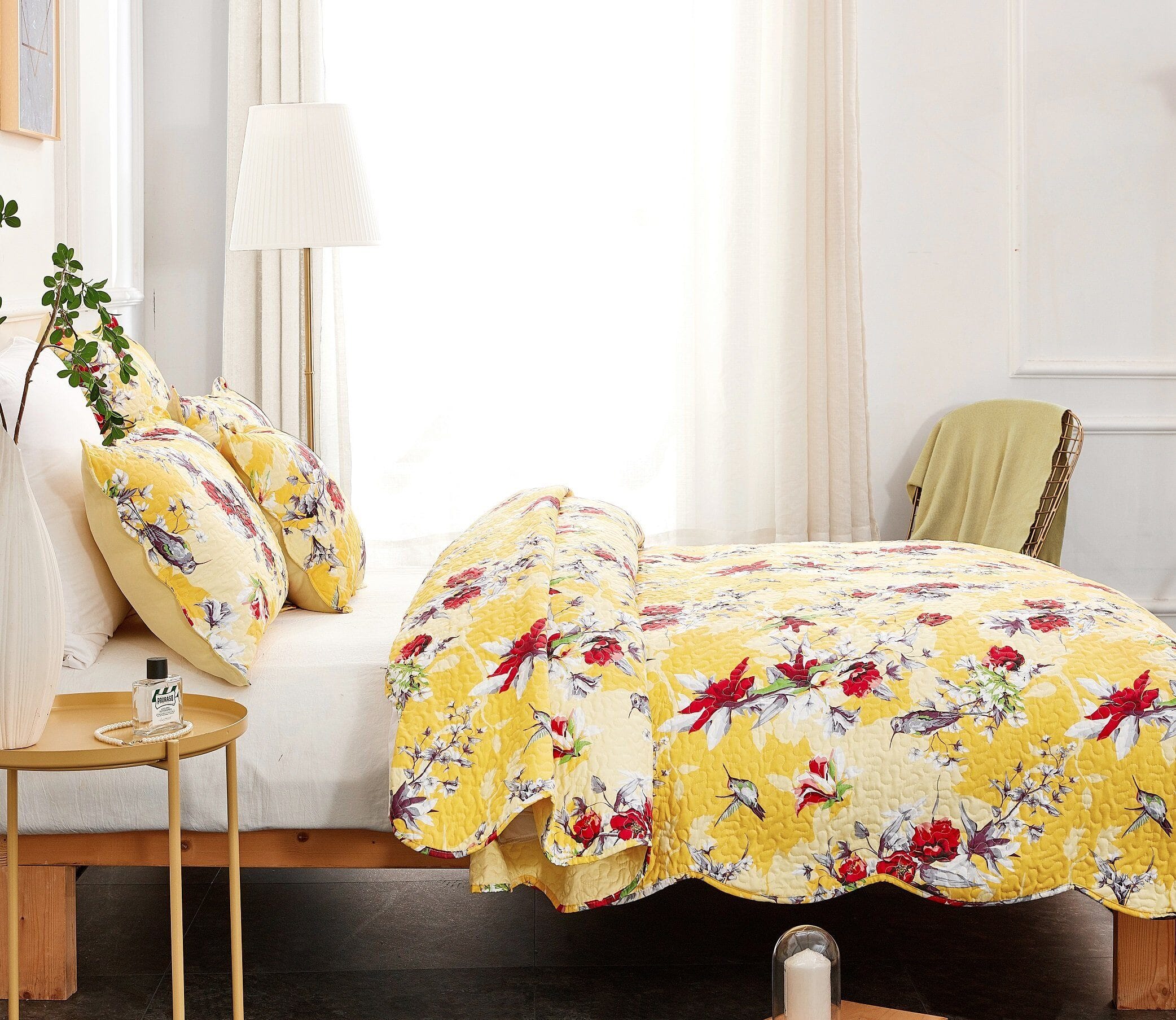 Radiant Sunshine Yellow Hummingbirds Floral Scalloped Bedspread Set