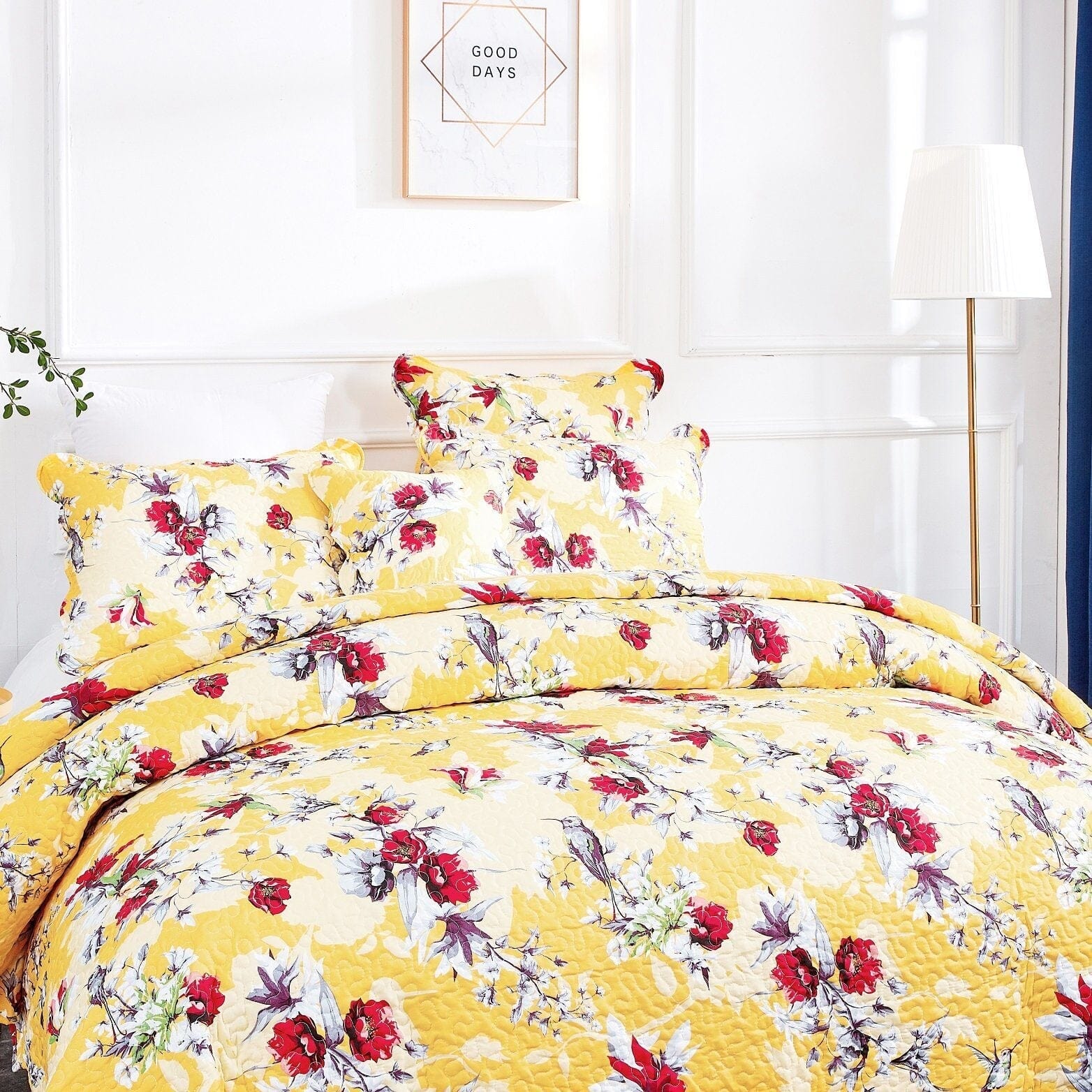 Radiant Sunshine Yellow Hummingbirds Floral Scalloped Bedspread Set