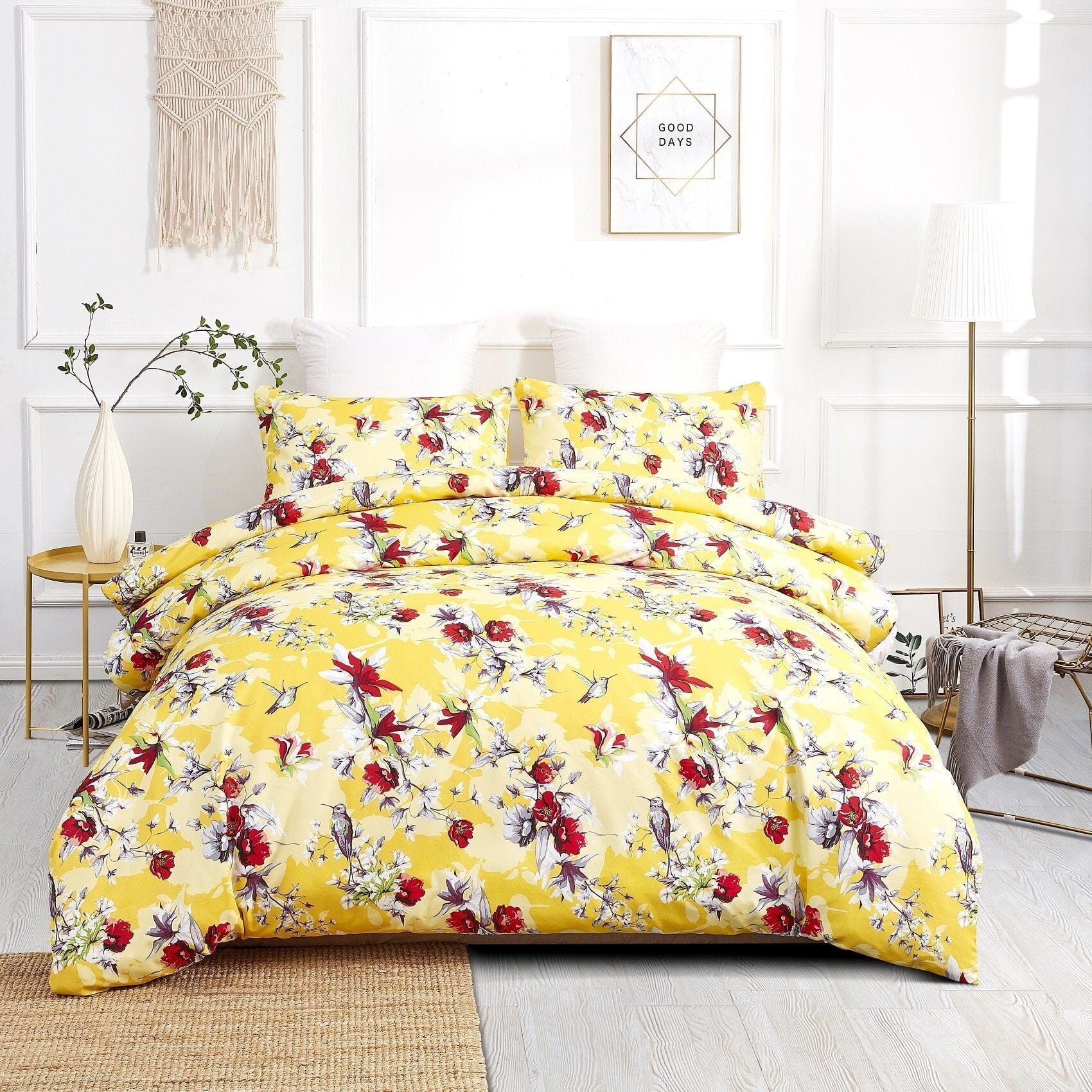 Sunshine Yellow Hummingbirds Floral Duvet Cover Set w/ Pillow Cases