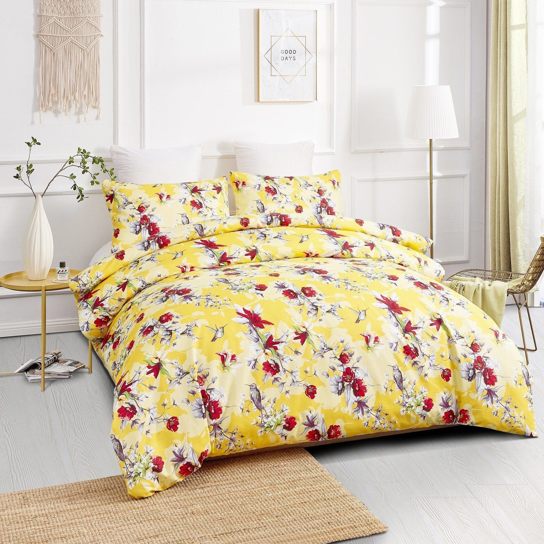 Sunshine Yellow Hummingbirds Floral Duvet Cover Set w/ Pillow Cases