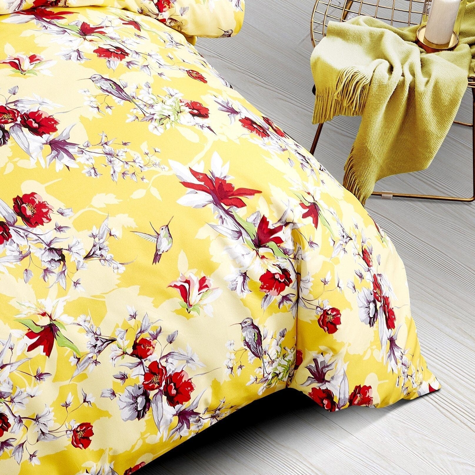 Sunshine Yellow Hummingbirds Floral Duvet Cover Set w/ Pillow Cases