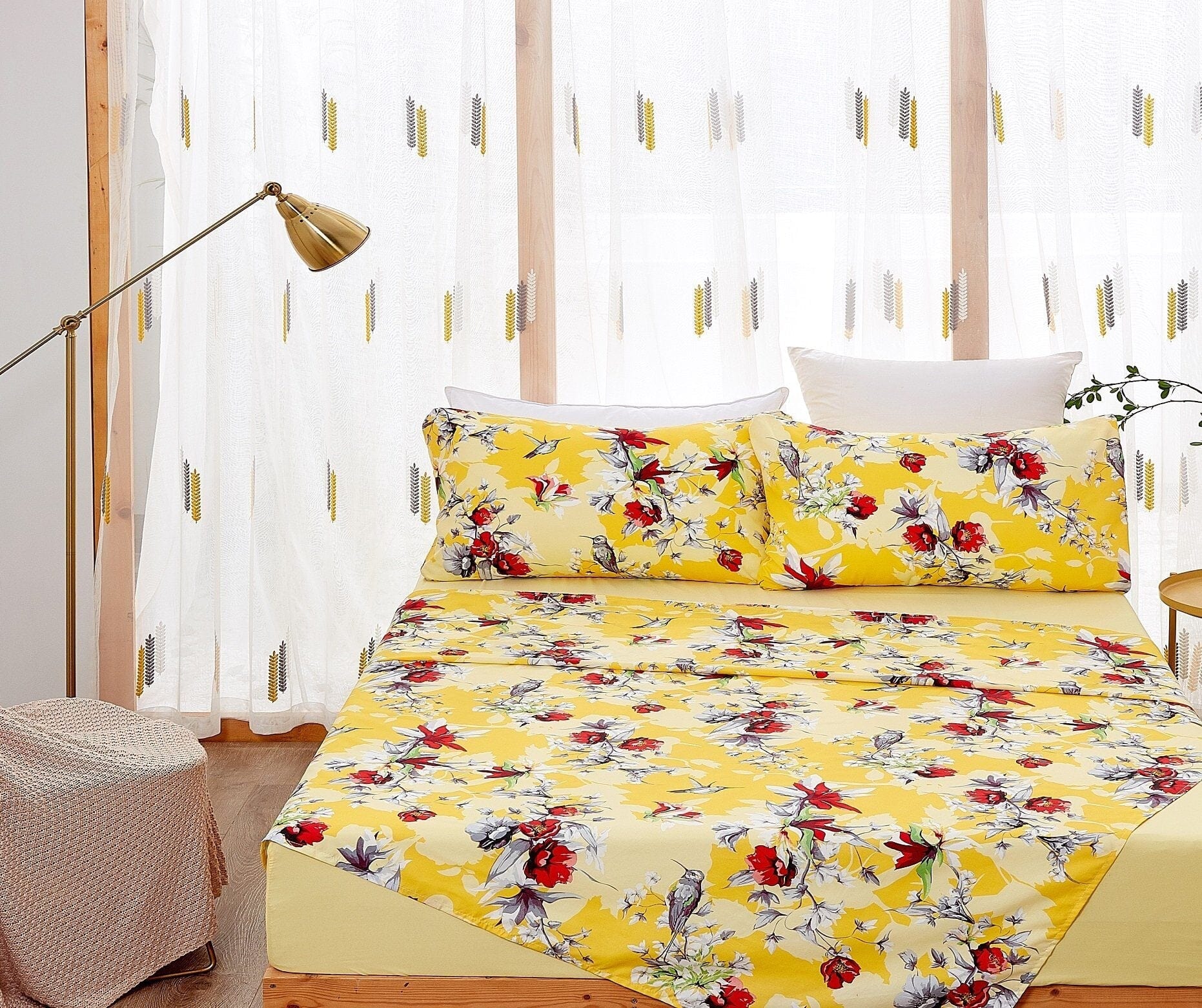Sunshine Yellow Hummingbirds Floral Fitted & Flat Bed Sheets Set