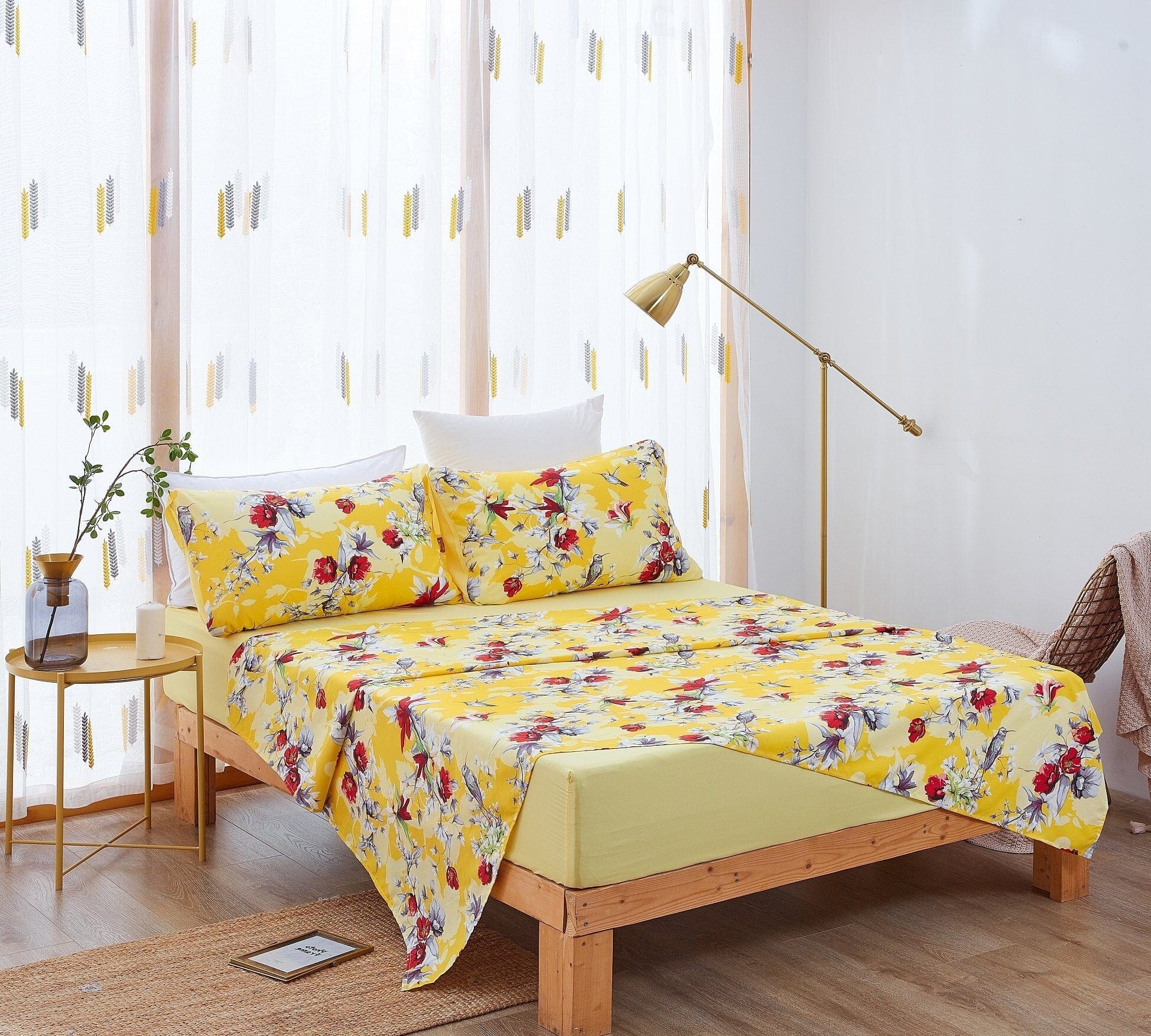 Sunshine Yellow Hummingbirds Floral Fitted & Flat Bed Sheets Set