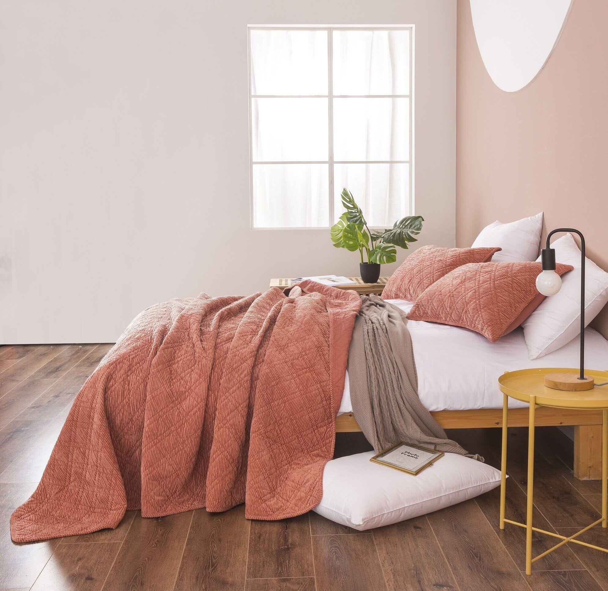 Terracotta Coral Brick Orange Soft Velour Corduroy Bedspread Set