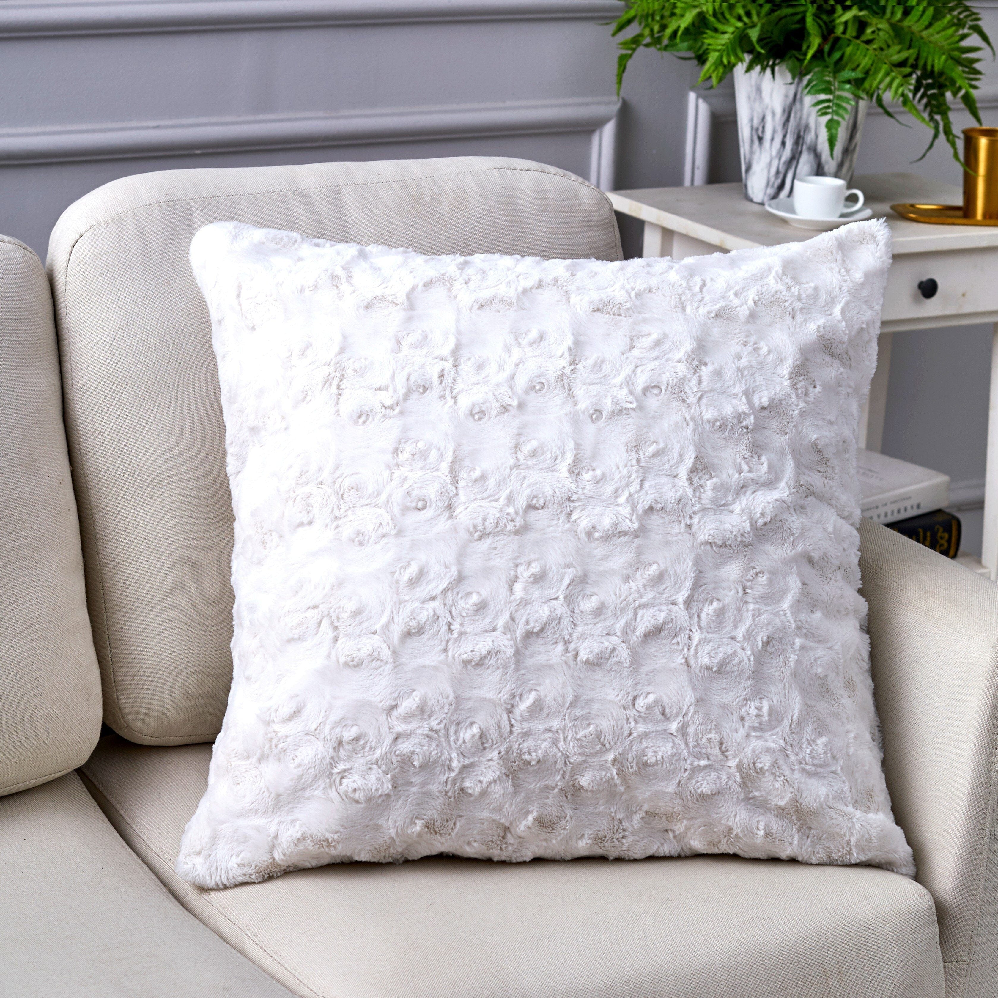 Luxury White Roses Swirls Faux Fur Euro Cushion Throw Pillow Cover