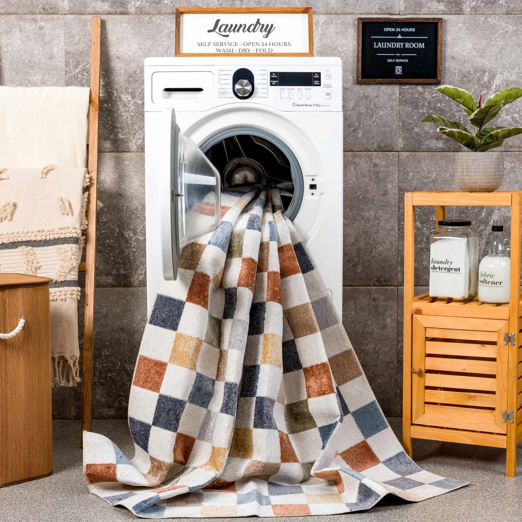 Checkered Multi Color Washable Area Rug