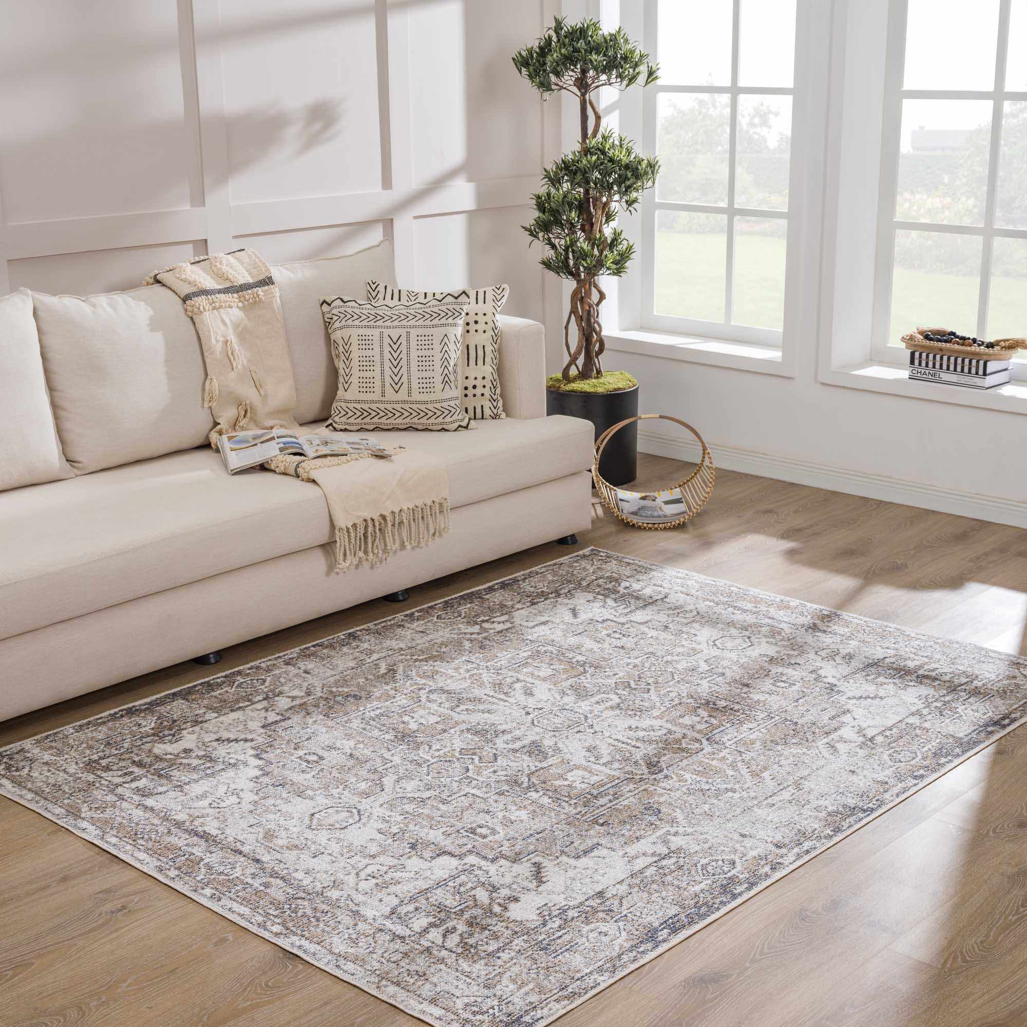 Rustic Brown & Cream Washable Area Rug