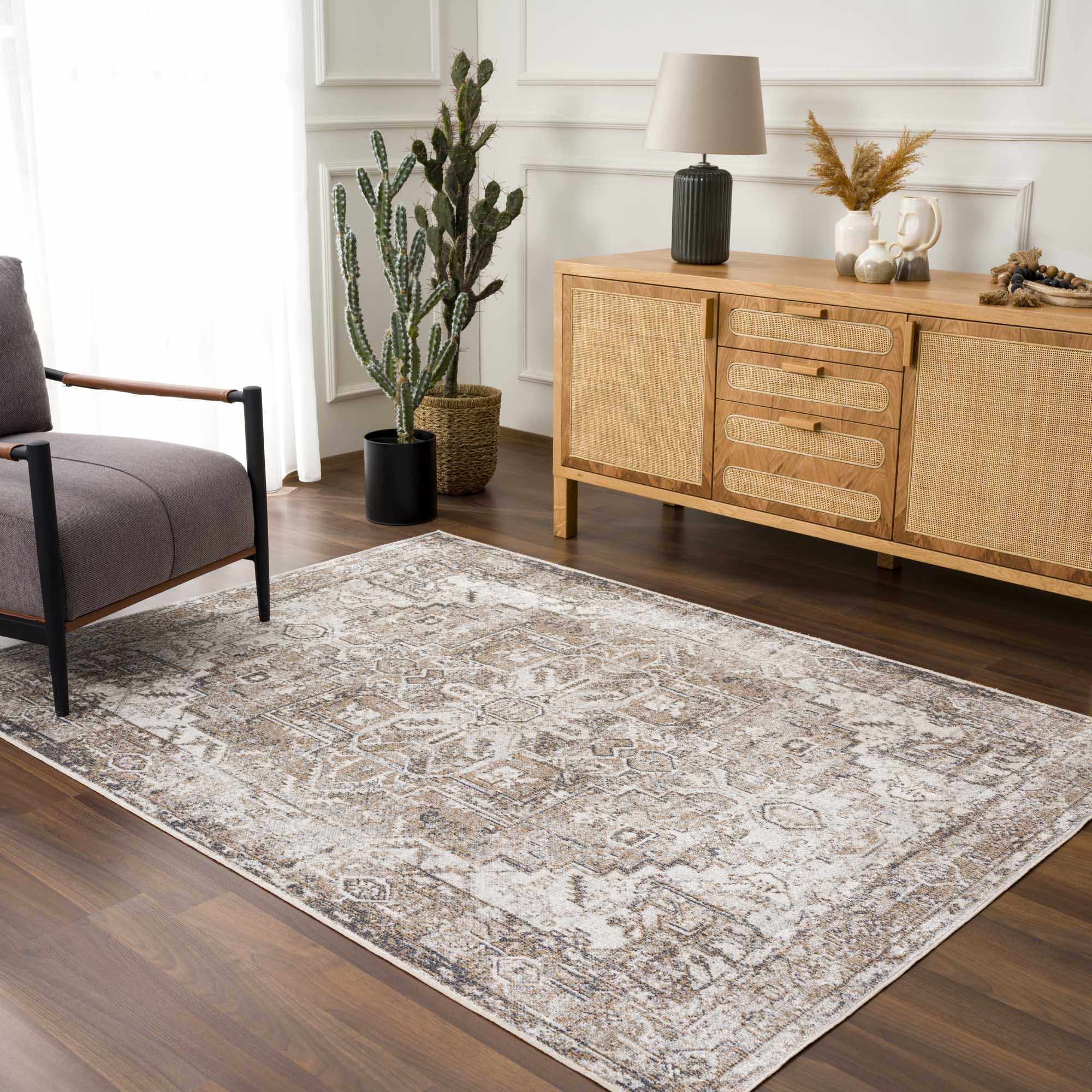 Rustic Brown & Cream Washable Area Rug