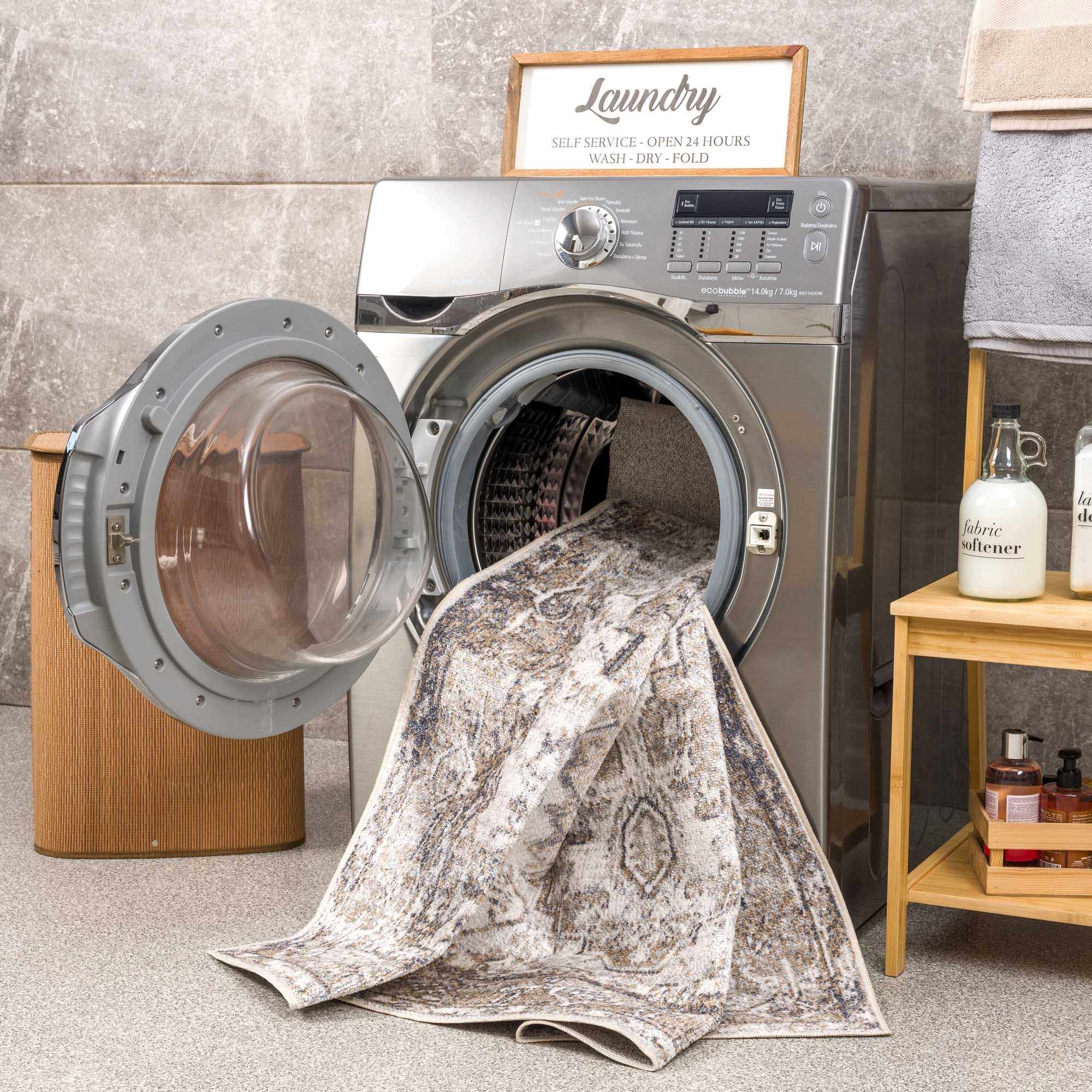 Rustic Brown & Cream Washable Area Rug