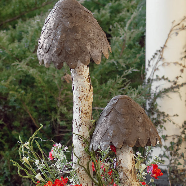37 Inch Gigantic Distressed Metal Mushroom Yard Stakes, Set of 2