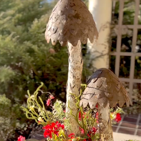 37 Inch Gigantic Distressed Metal Mushroom Yard Stakes, Set of 2
