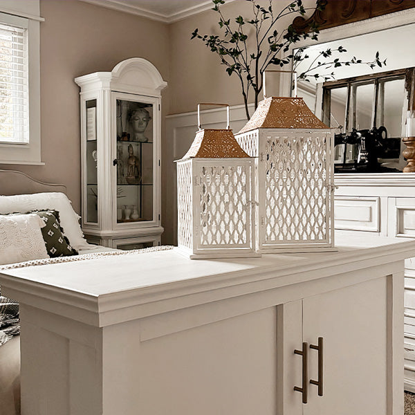 Large Ornate Caged Metal Candle Lanterns, Set of 2