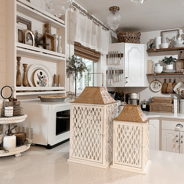 Large Ornate Caged Metal Candle Lanterns, Set of 2