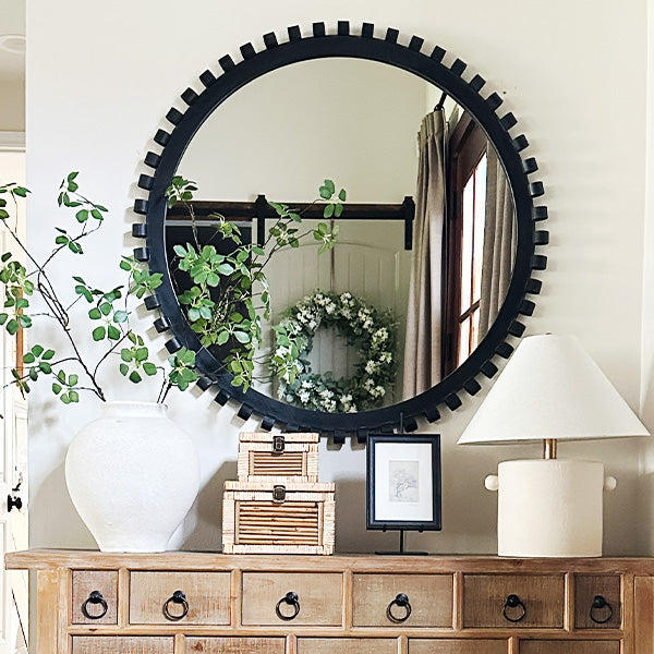 Round Wall Mirror with Black Intricate Frame