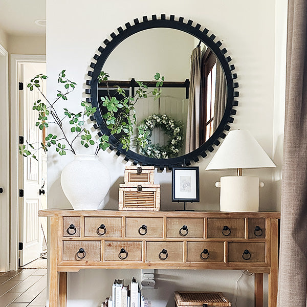 Round Wall Mirror with Black Intricate Frame