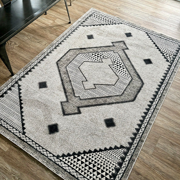 Ivory and Black Geometric Southwestern Area Rug, Pick Your Size
