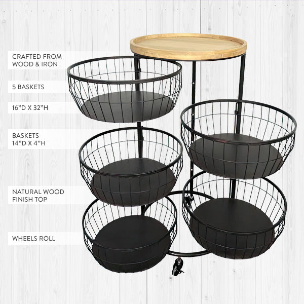 5-Basket Wire Frame Swiveling Rolling Storage Cart