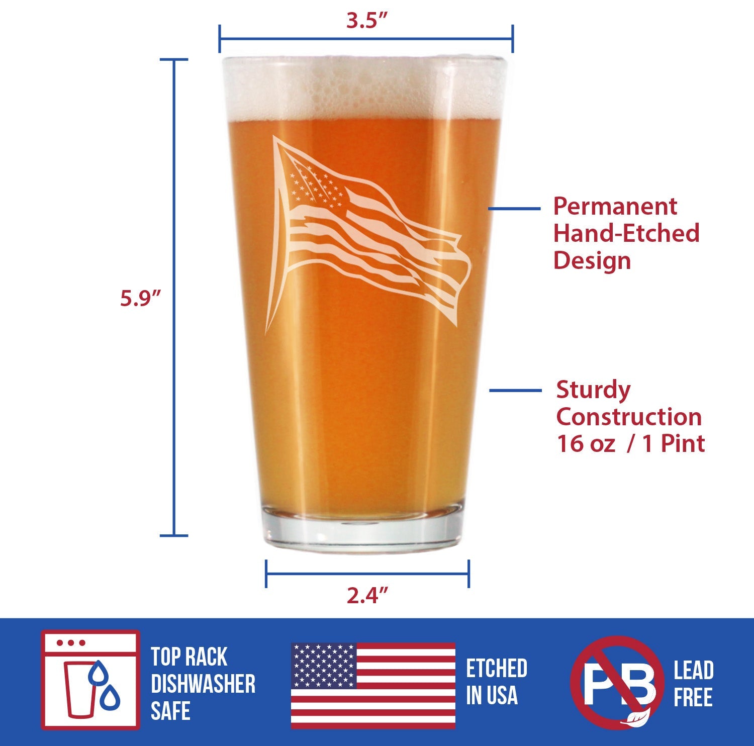 American Flag Pint Glass - 16 oz Glasses