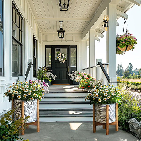 Large Pressed Tin Planters with Stands, Set of 2