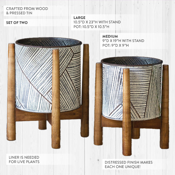 Large Pressed Tin Planters with Stands, Set of 2