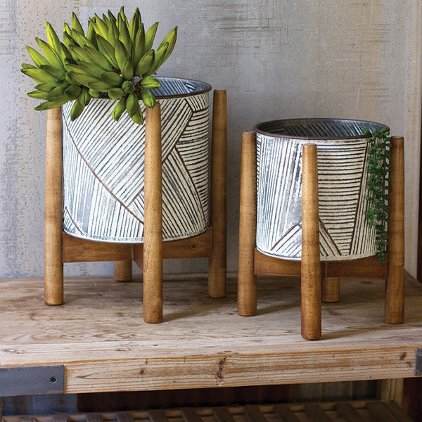 Large Pressed Tin Planters with Stands, Set of 2