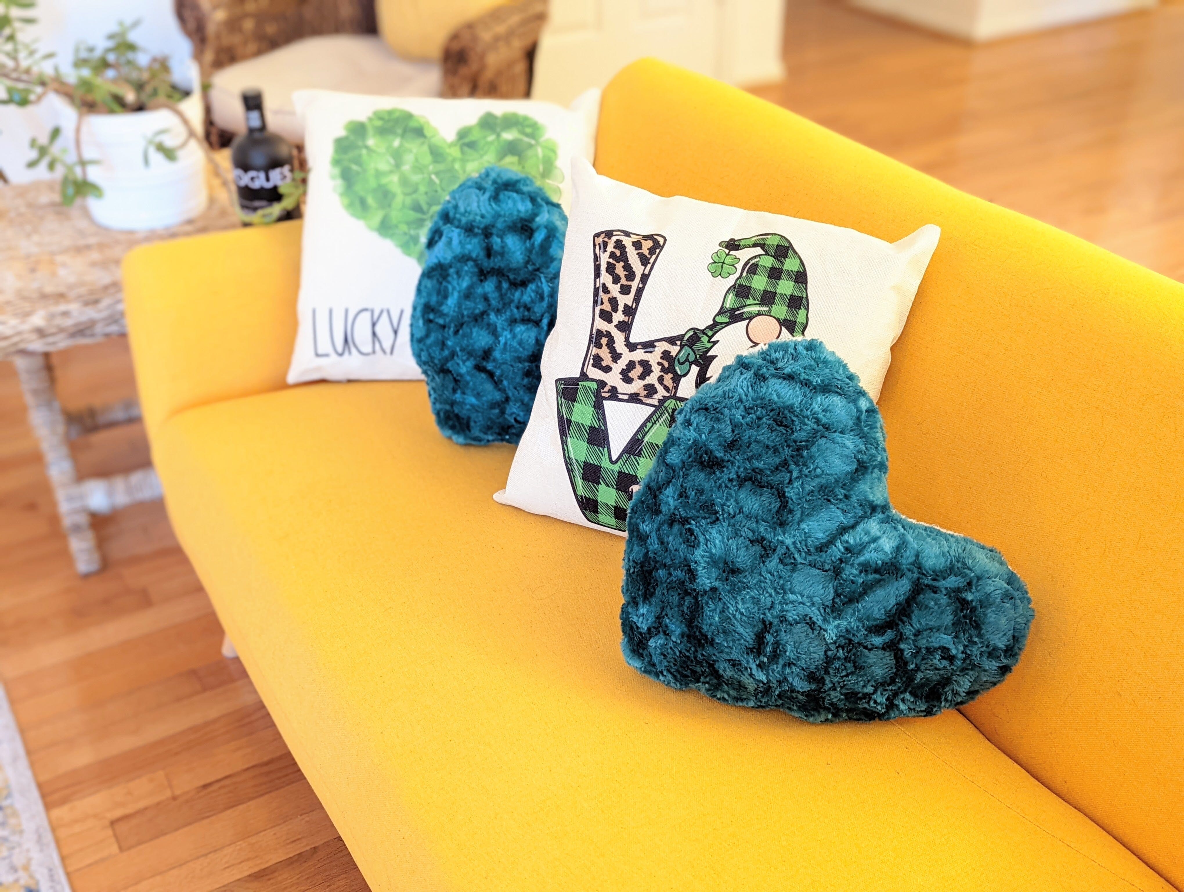 Hand-Made Lucky Irish Teal Green Faux Fur Heart Shaped Throw Pillow - 16” x 14”