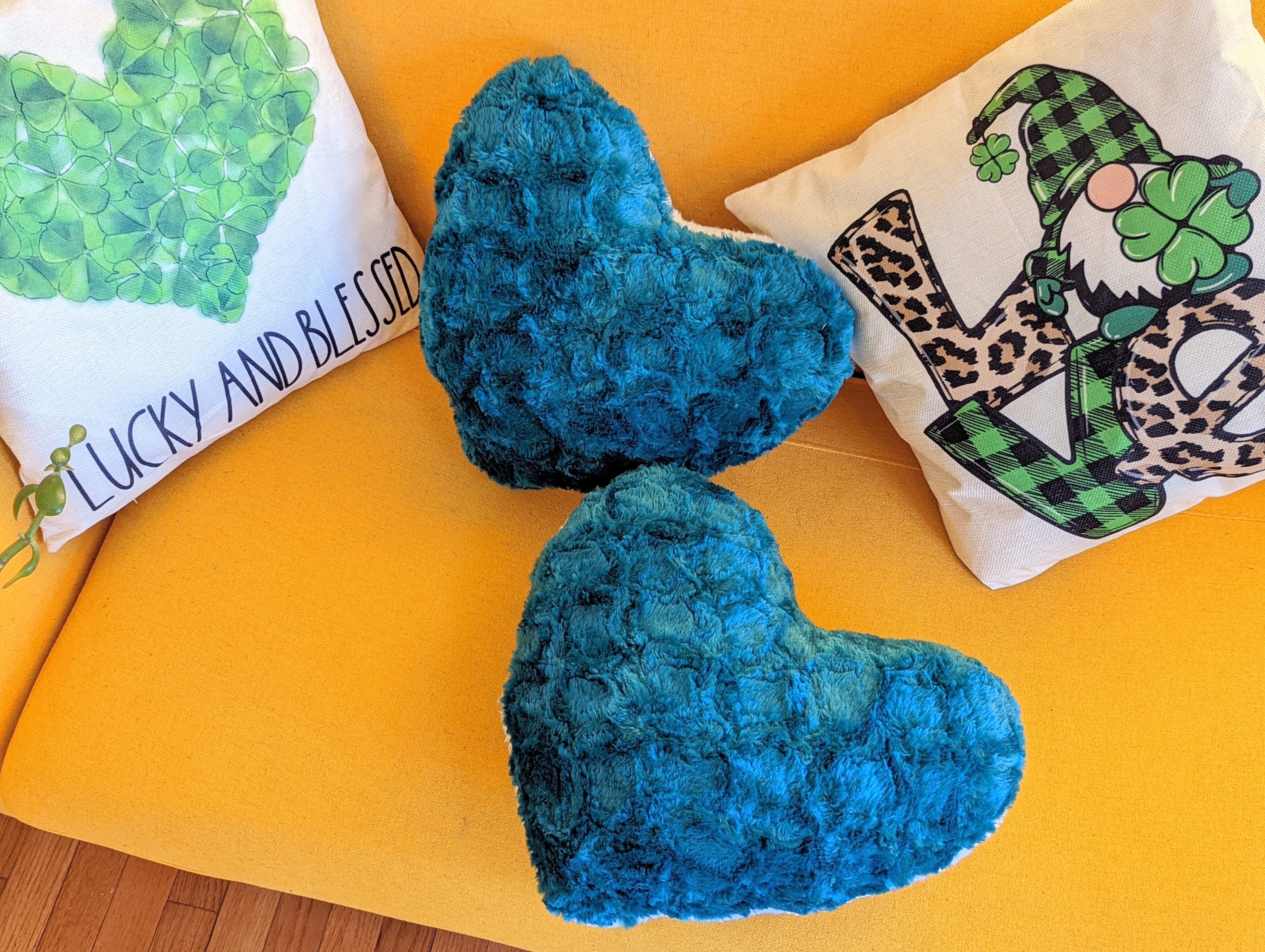 Hand-Made Lucky Irish Teal Green Faux Fur Heart Shaped Throw Pillow - 16” x 14”